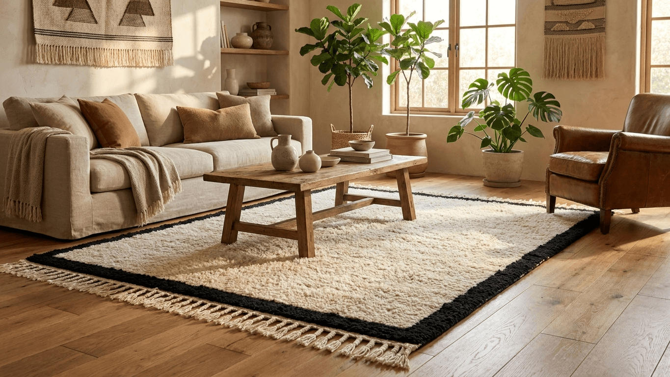 Ivory Black Border Beni Ourain Rug