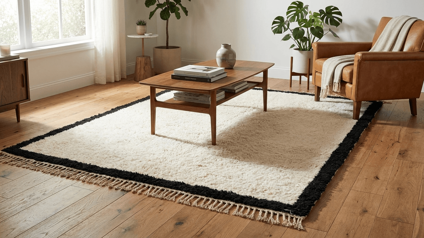 Ivory Black Border Beni Ourain Rug