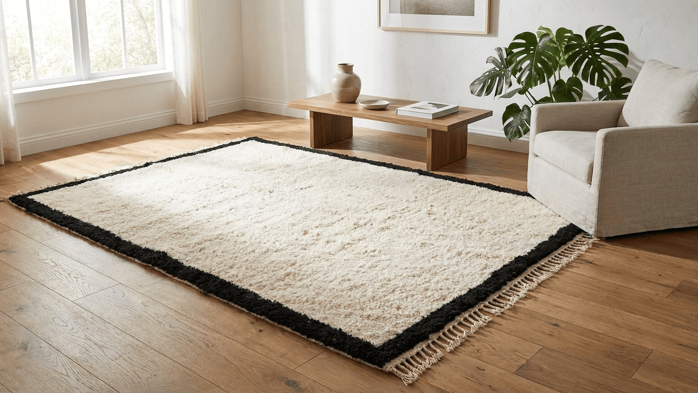 Ivory Black Border Beni Ourain Rug