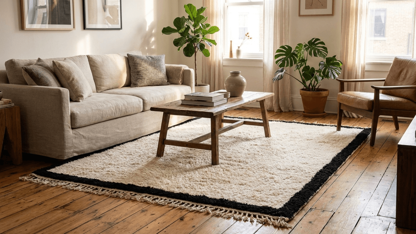 Ivory Black Border Beni Ourain Rug