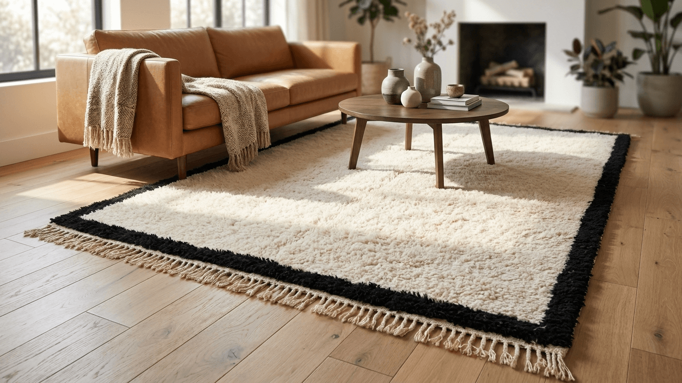 Ivory Black Border Beni Ourain Rug