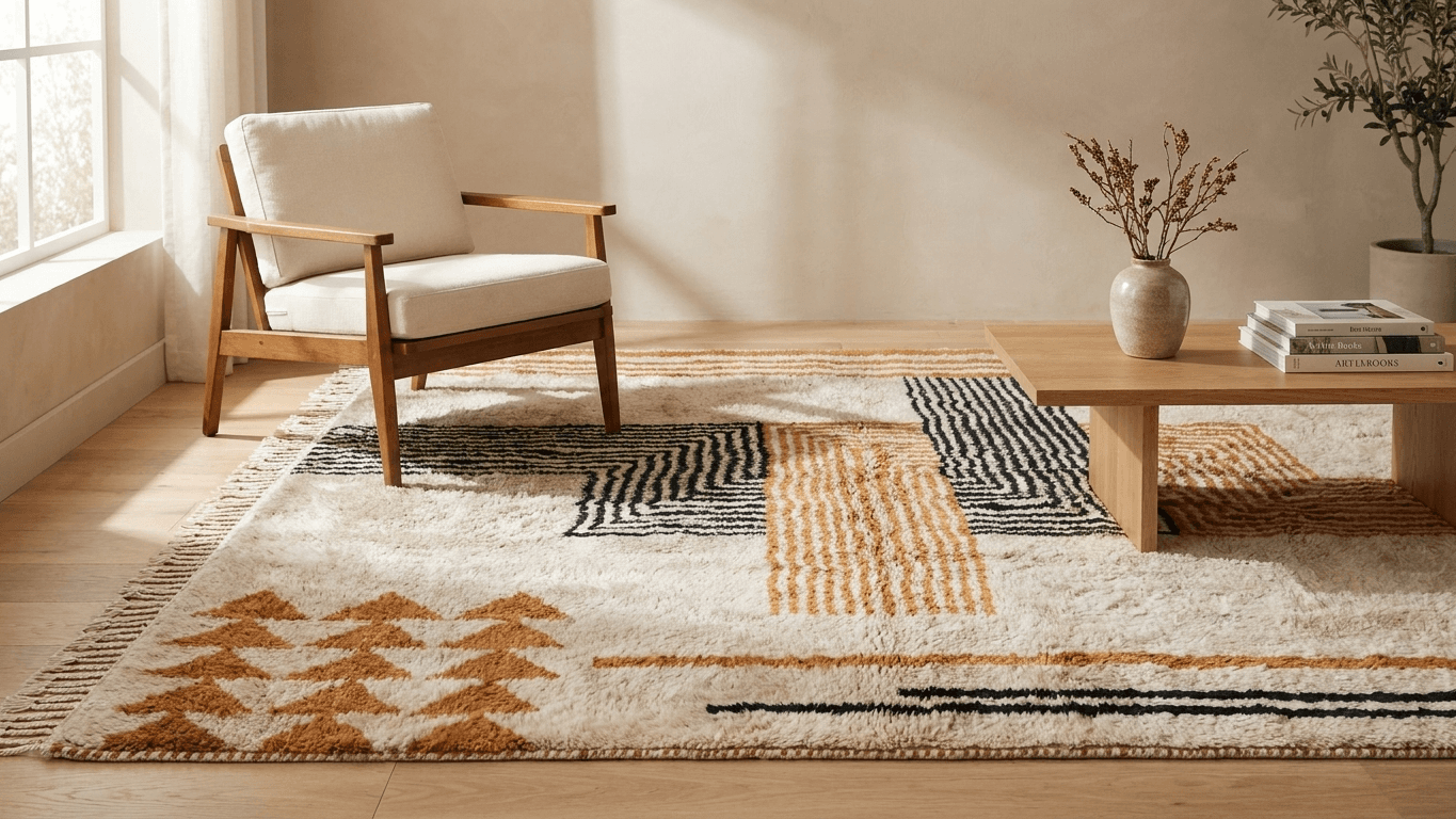 Handmade Wool Rugs- Beni Mrirt Boho Rugs for Living Room Decor