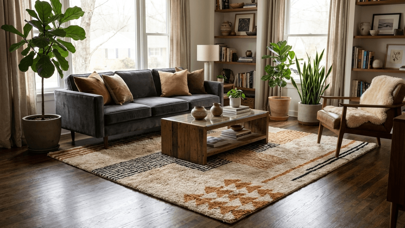Handmade Wool Rugs- Beni Mrirt Boho Rugs for Living Room Decor