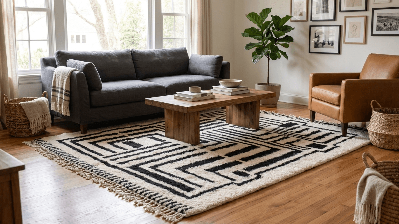 Handmade Wool Rug Beni Ourain Boho Living Room