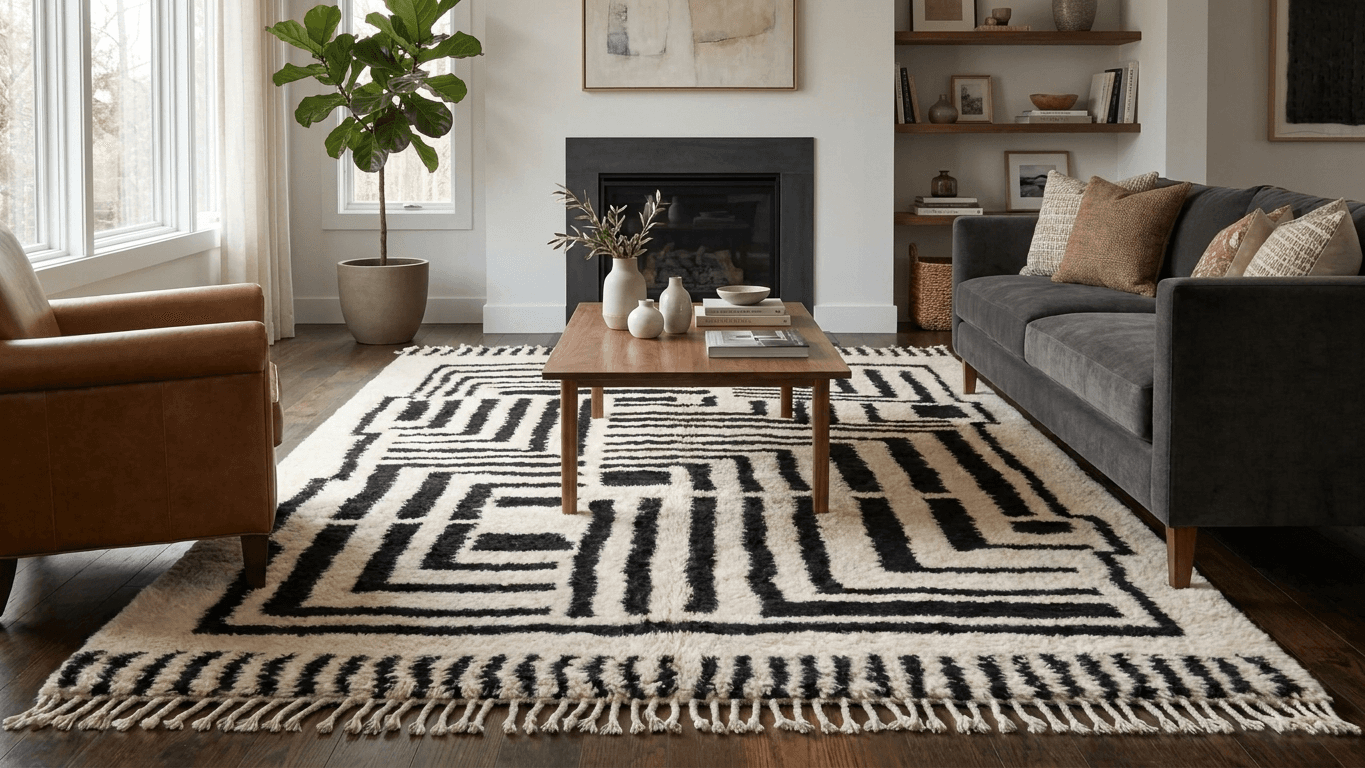 Handmade Wool Rug Beni Ourain Boho Living Room