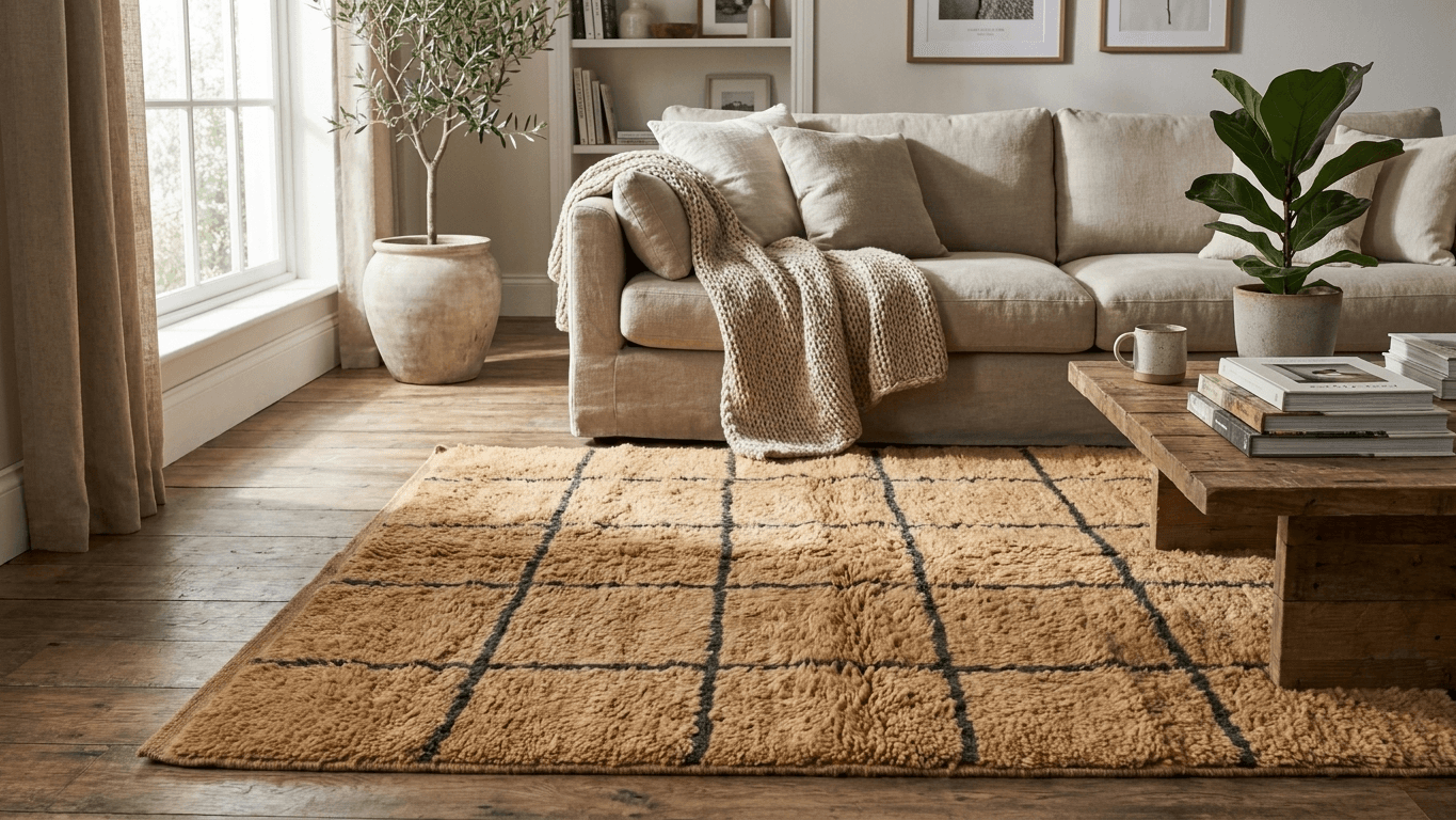 Handmade Wool Rug Checkered Custom Size Boho Living Room