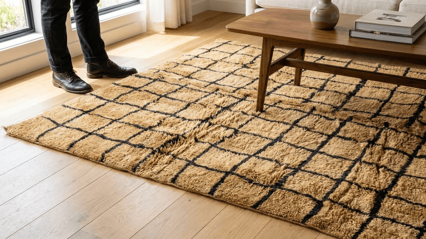 Handmade Wool Rug Checkered Custom Size Boho Living Room