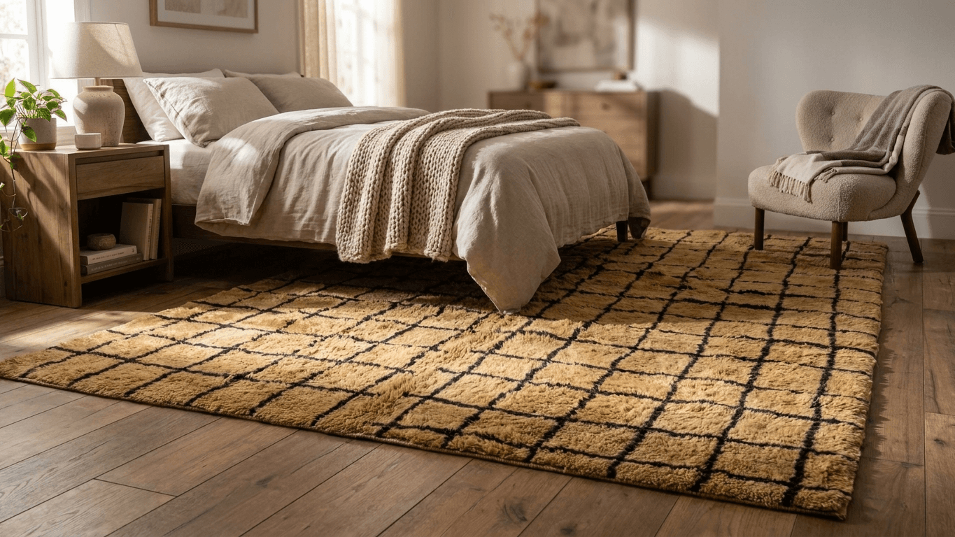 Handmade Wool Rug Checkered Custom Size Boho Living Room
