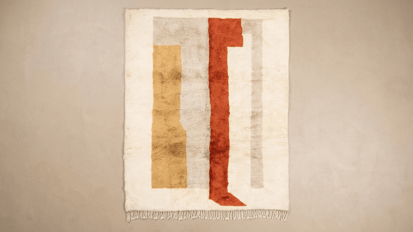 Moroccan Rug Handmade Wool- Neutral Ivory Cream Rust Modern Boho Area Rug for Living Room Bedroom Beni Mrirt