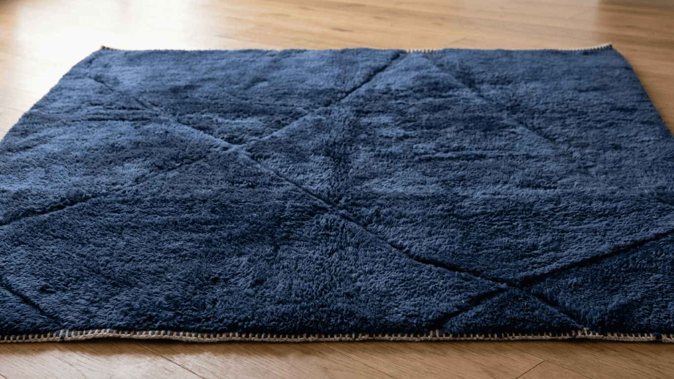 Moroccan Rug Handmade Wool - Navy Blue Modern Minimalist Area Rug for Living Room Bedroom - Beni Mrirt