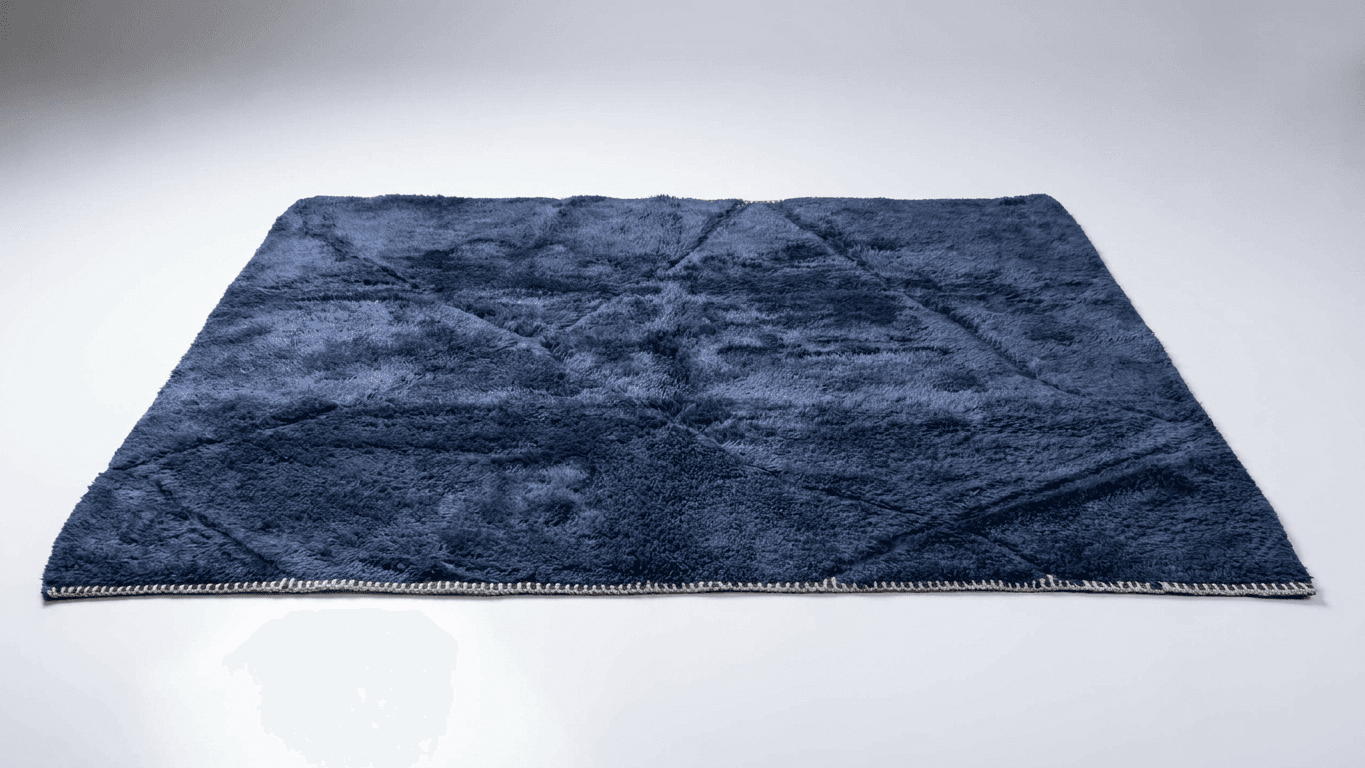 Moroccan Rug Handmade Wool - Navy Blue Modern Minimalist Area Rug for Living Room Bedroom - Beni Mrirt