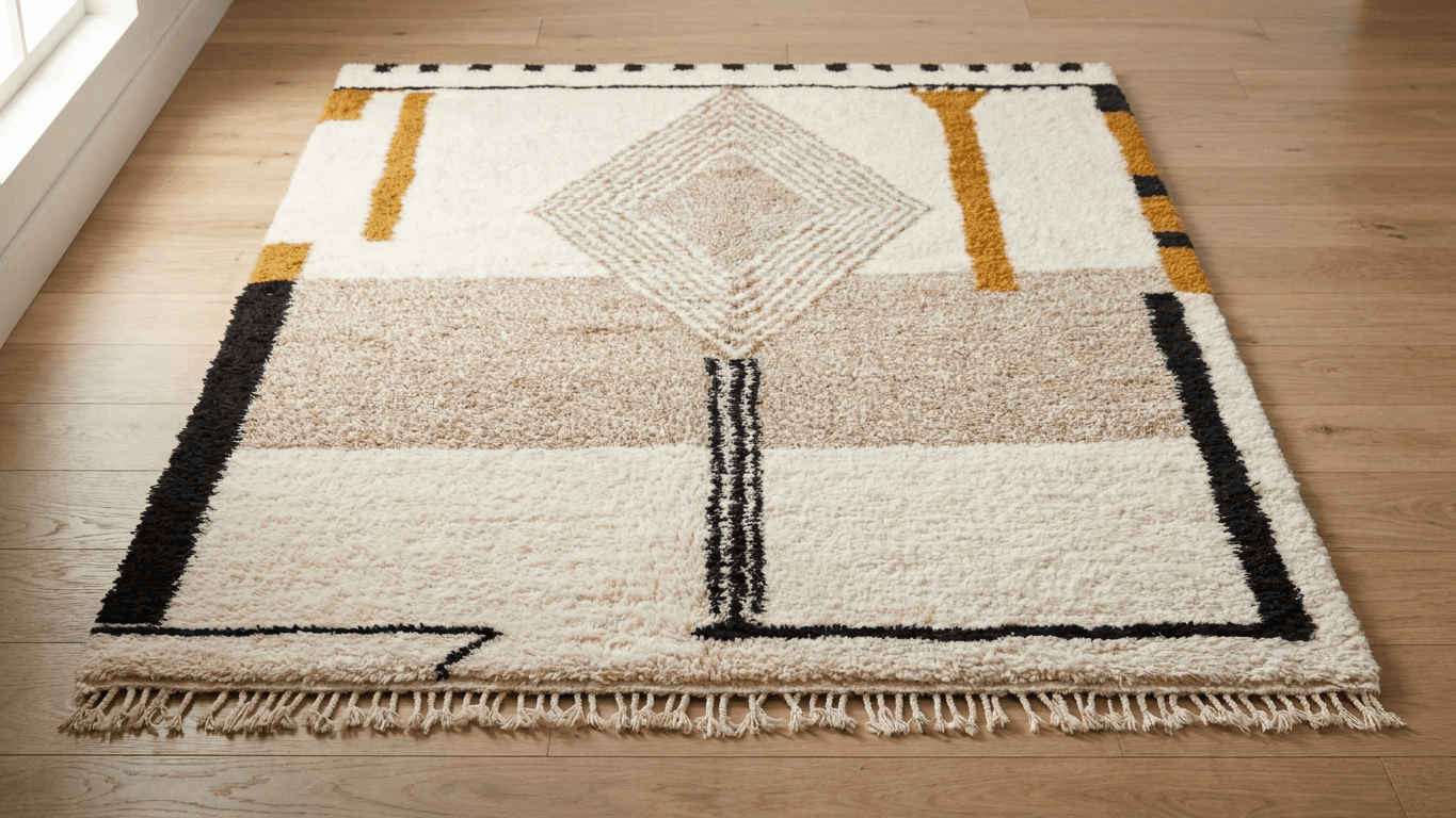 Moroccan Rug Handmade Wool - Neutral Ivory Cream Modern Boho Area Rug for Living Room Bedroom - Beni Ourain