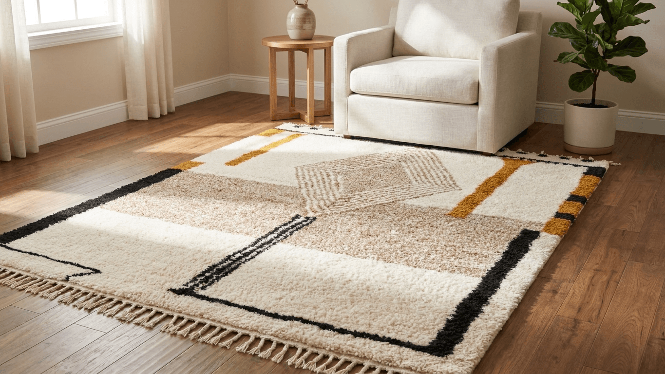 Moroccan Rug Handmade Wool - Neutral Ivory Cream Modern Boho Area Rug for Living Room Bedroom - Beni Ourain