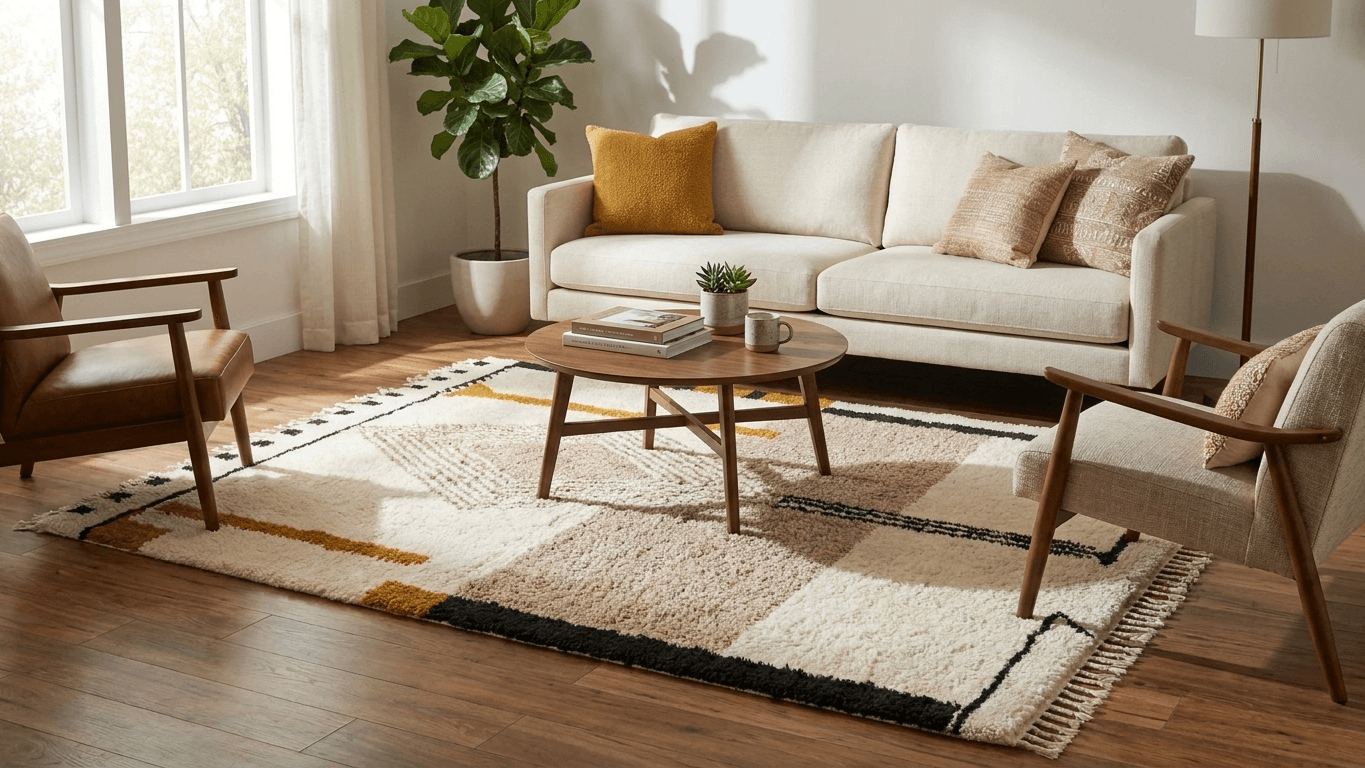 Moroccan Rug Handmade Wool - Neutral Ivory Cream Modern Boho Area Rug for Living Room Bedroom - Beni Ourain