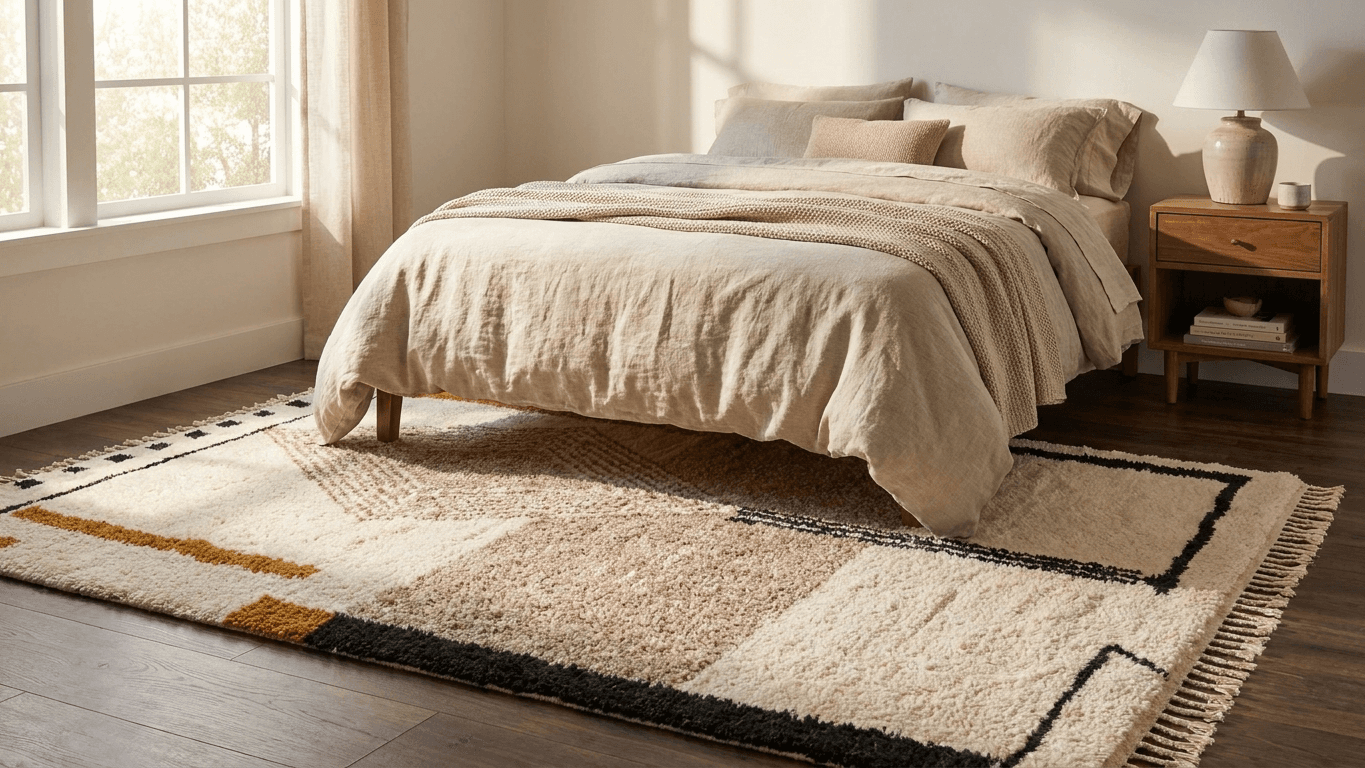 Moroccan Rug Handmade Wool - Neutral Ivory Cream Modern Boho Area Rug for Living Room Bedroom - Beni Ourain