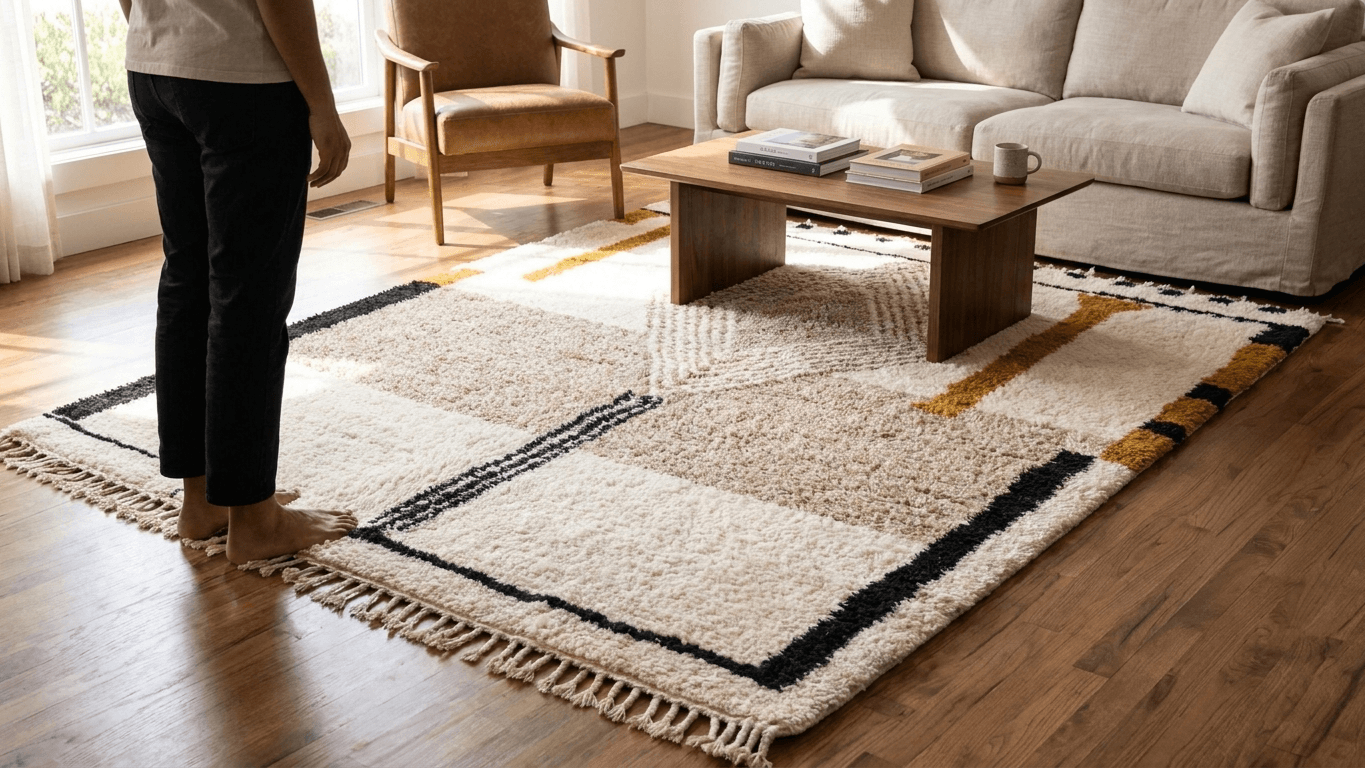 Moroccan Rug Handmade Wool - Neutral Ivory Cream Modern Boho Area Rug for Living Room Bedroom - Beni Ourain