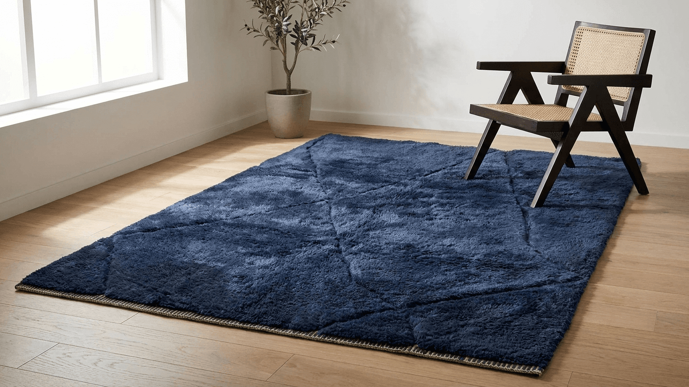 Moroccan Rug Handmade Wool - Navy Blue Modern Minimalist Area Rug for Living Room Bedroom - Beni Mrirt