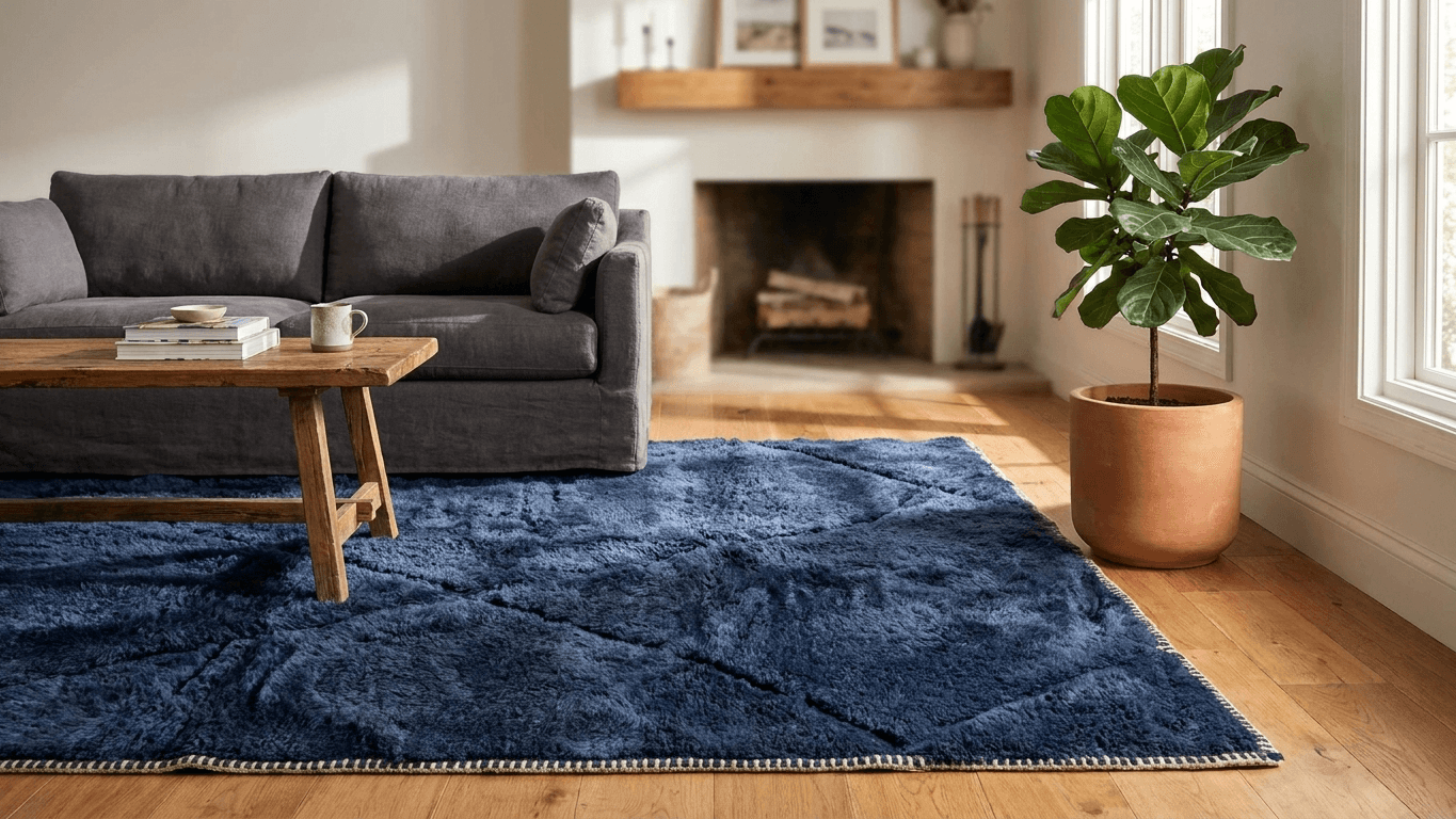 Moroccan Rug Handmade Wool - Navy Blue Modern Minimalist Area Rug for Living Room Bedroom - Beni Mrirt