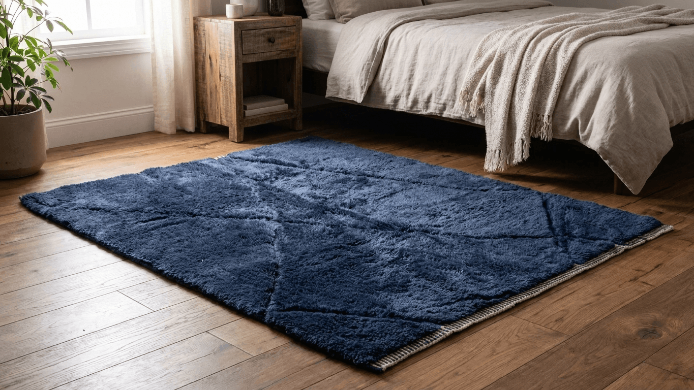 Moroccan Rug Handmade Wool - Navy Blue Modern Minimalist Area Rug for Living Room Bedroom - Beni Mrirt