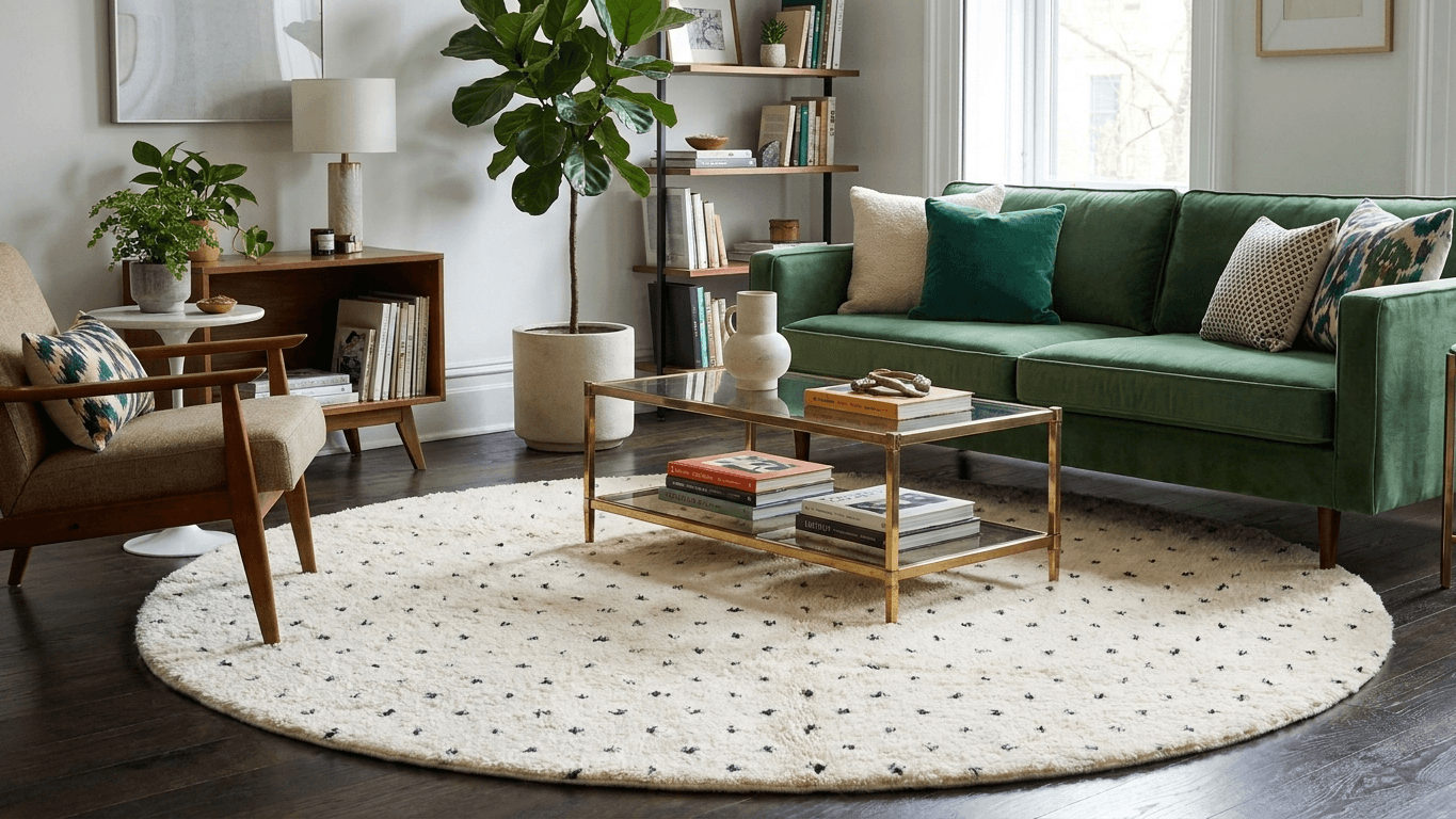 Moroccan Rug Handmade Wool 8ft Round - Ivory Black Minimalist Boho Area Rug for Living Room Bedroom - Beni Ourain
