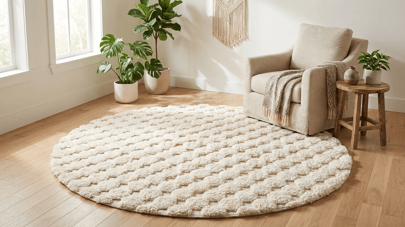 Ivory Textured Round Beni Ourain Rug