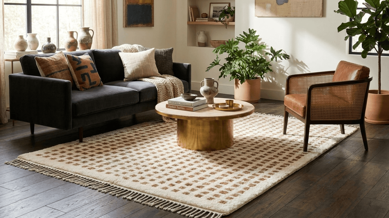 Handmade Wool Rug Beni Ourain  Boho Living Room Decor