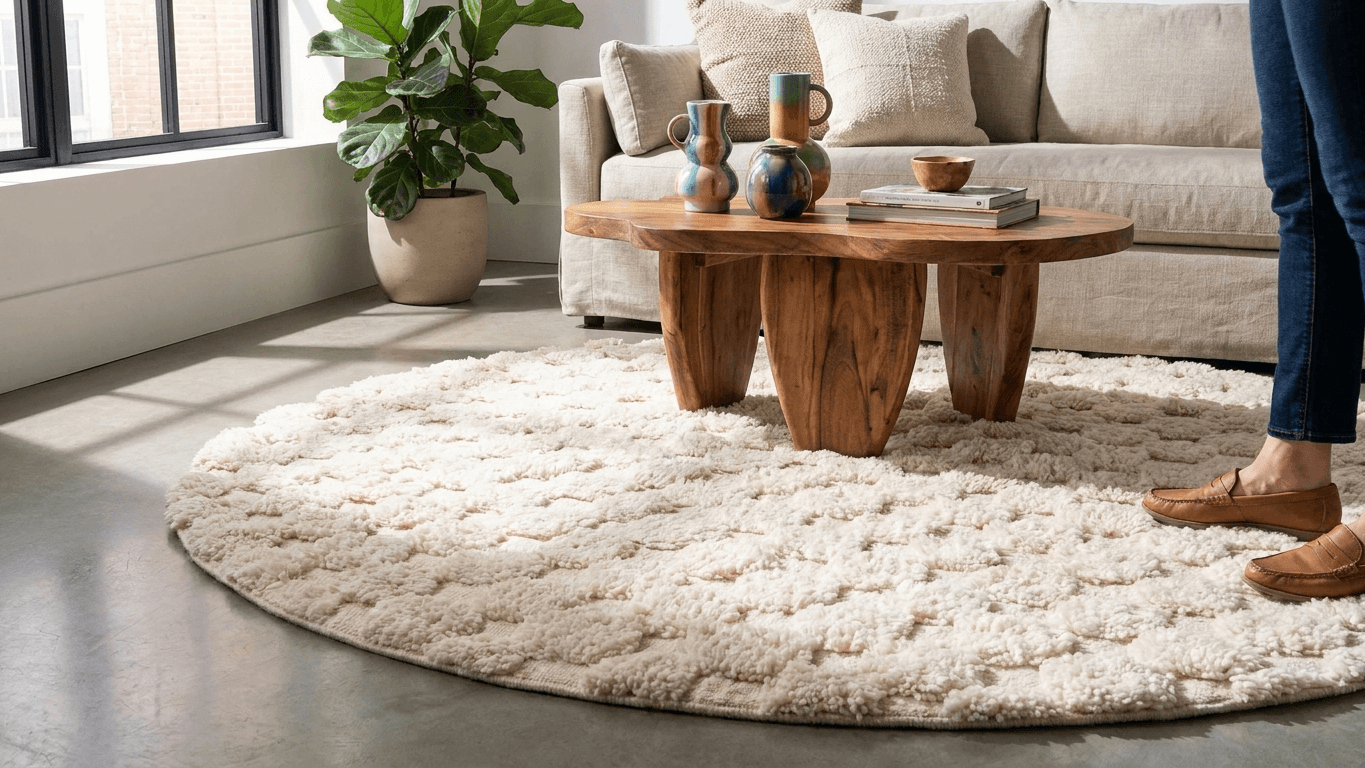 Ivory Textured Round Beni Ourain Rug