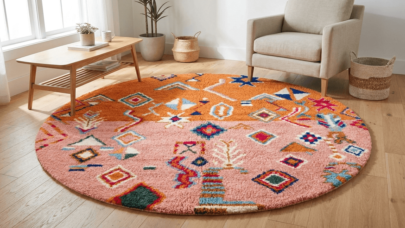 Pink Round Geometric Beni Ourain Rug