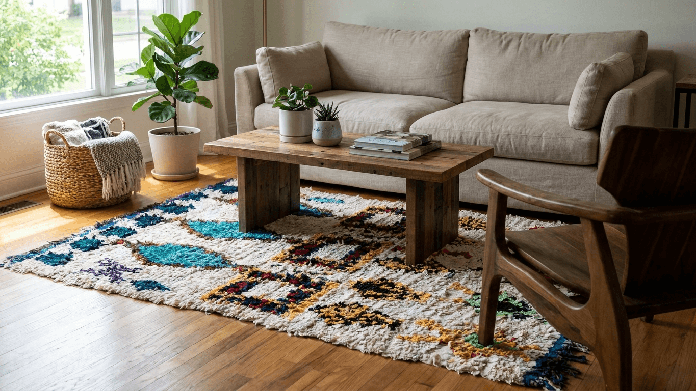 Handmade Wool Boucherouite Rug Custom Size Boho Living Room Decor