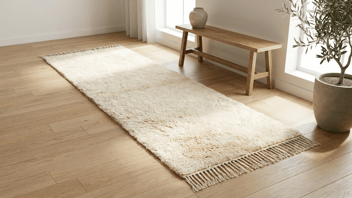 Moroccan Rug Handmade Wool - Ivory Neutral Runner Boho Minimalist Area Rug for Bedroom Hallway Beni Mrirt