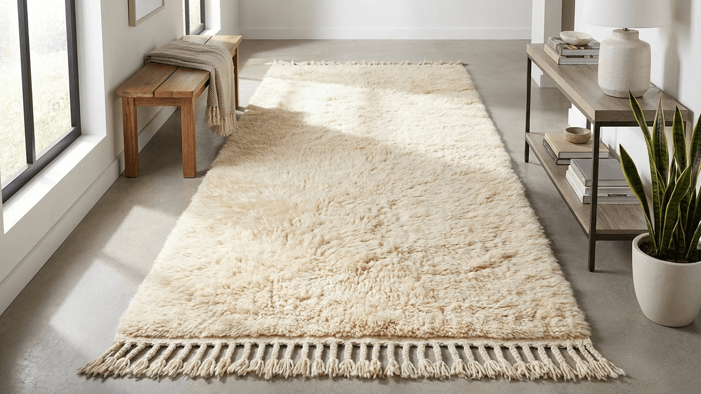 Moroccan Rug Handmade Wool - Ivory Neutral Runner Boho Minimalist Area Rug for Bedroom Hallway Beni Mrirt