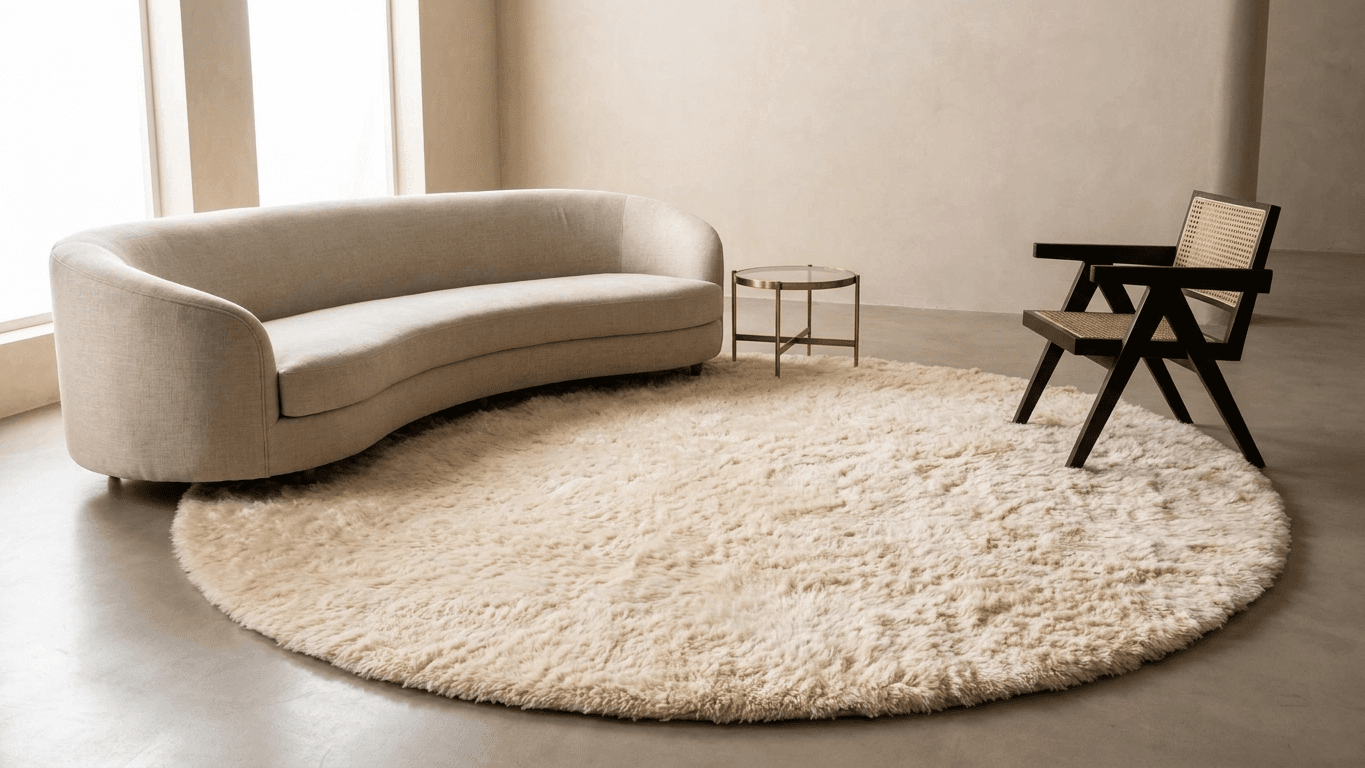 Moroccan Rug Handmade Wool  Round - Ivory Neutral Plush Boho Area Rug for Living Room Bedroom Beni Mrirt
