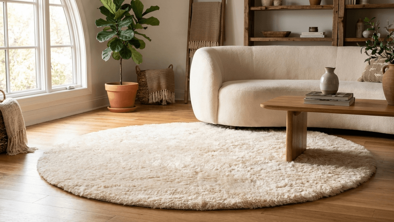 Moroccan Rug Handmade Wool  Round - Ivory Neutral Plush Boho Area Rug for Living Room Bedroom Beni Mrirt