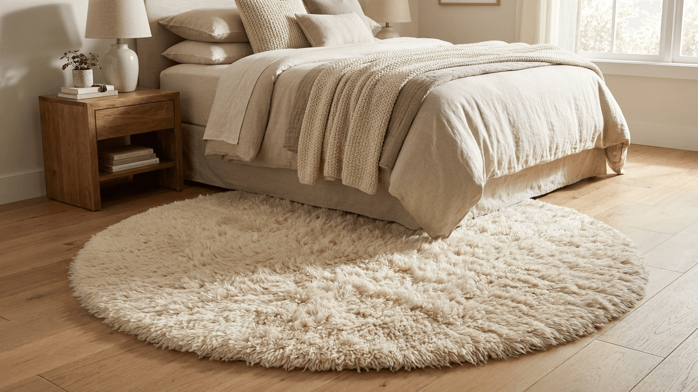 Moroccan Rug Handmade Wool  Round - Ivory Neutral Plush Boho Area Rug for Living Room Bedroom Beni Mrirt