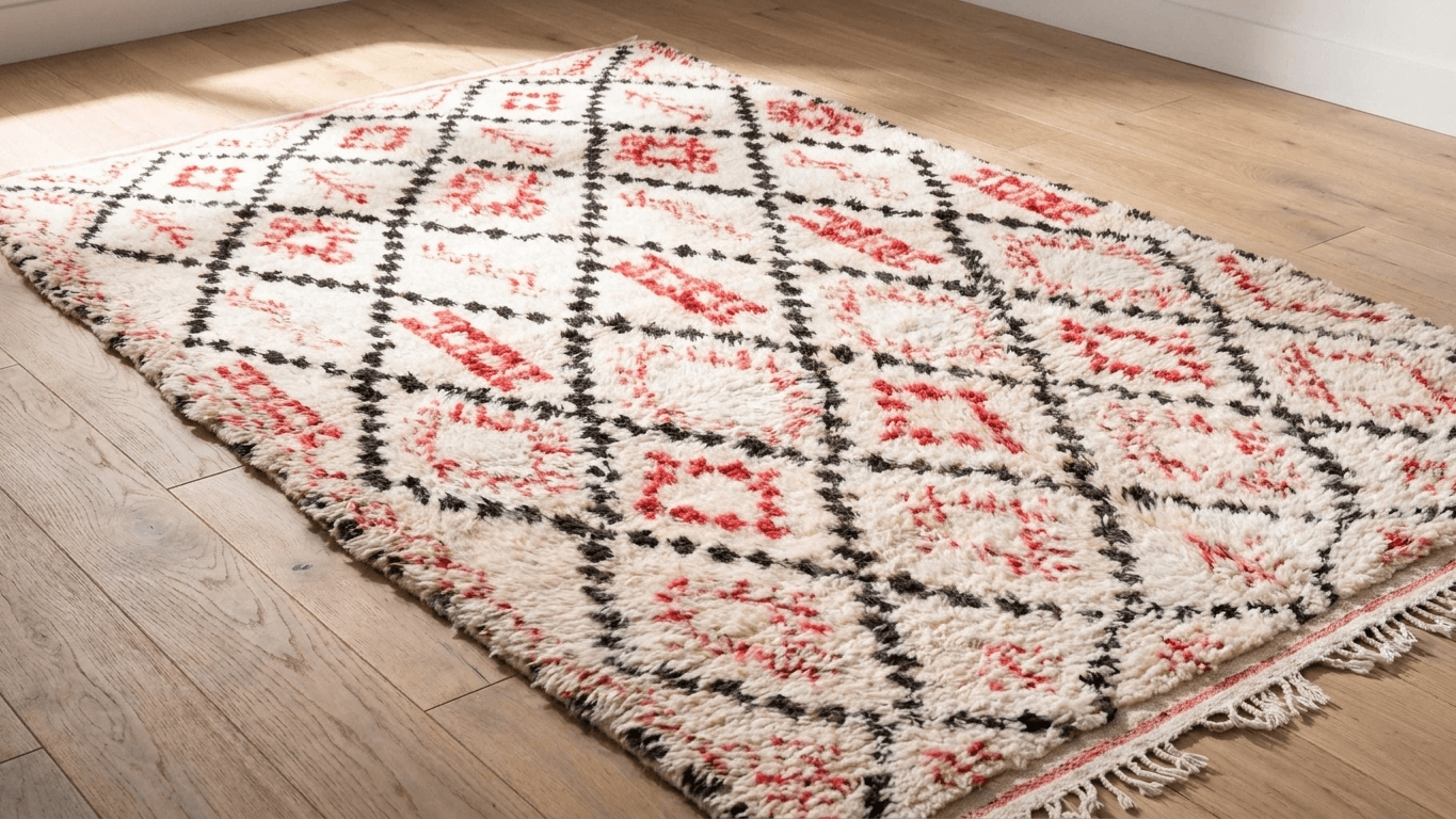 Ivory Red Geometric Beni Ourain Rug