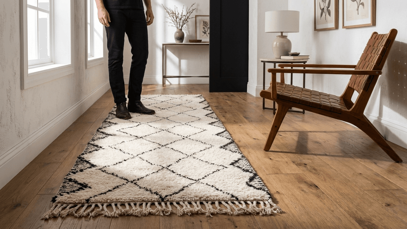 Neutral Geometric Runner Beni Ourain Rug