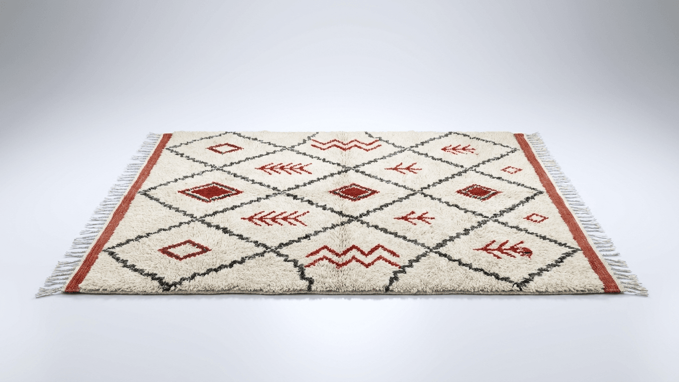Ivory Red Geometric Beni Ourain Rug