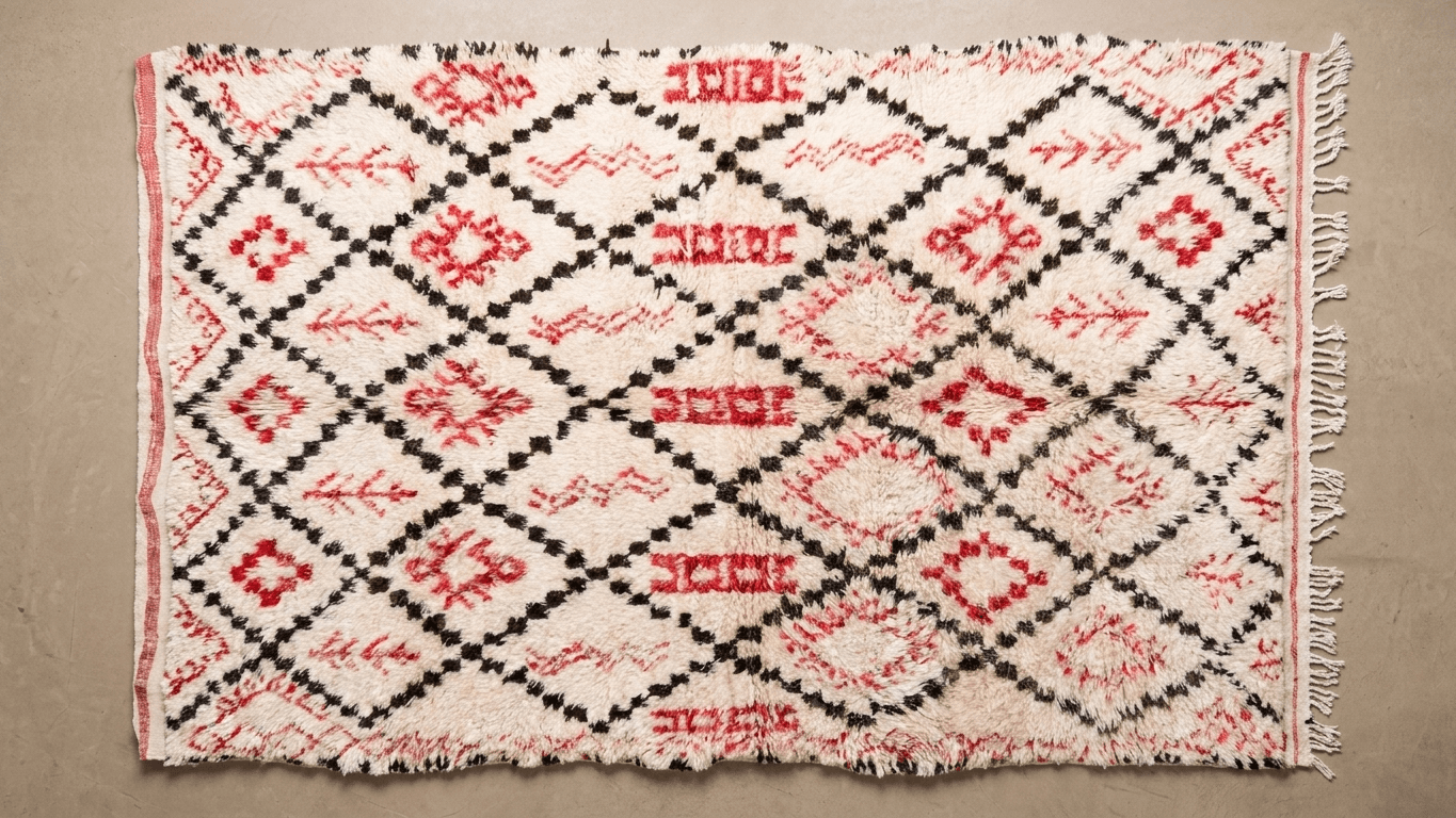 Ivory Red Geometric Beni Ourain Rug