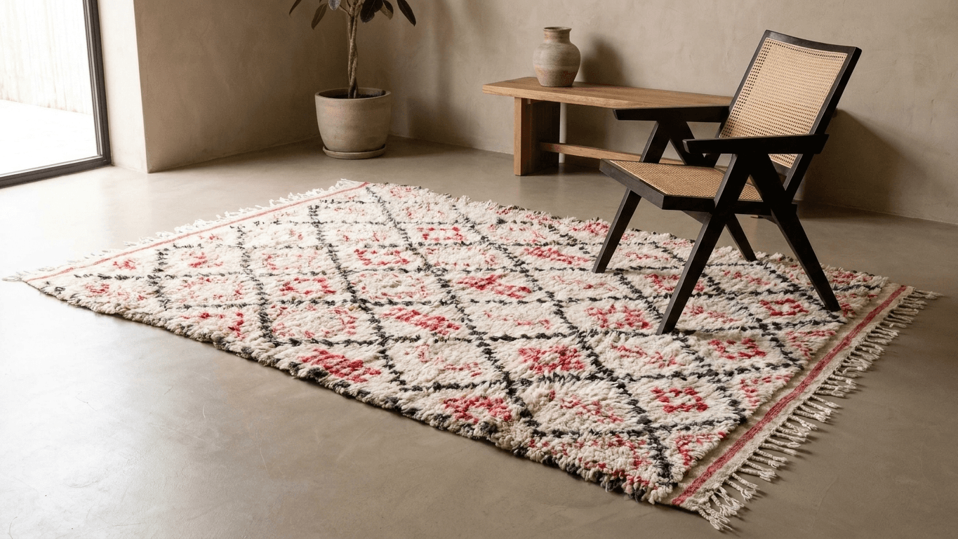 Ivory Red Geometric Beni Ourain Rug