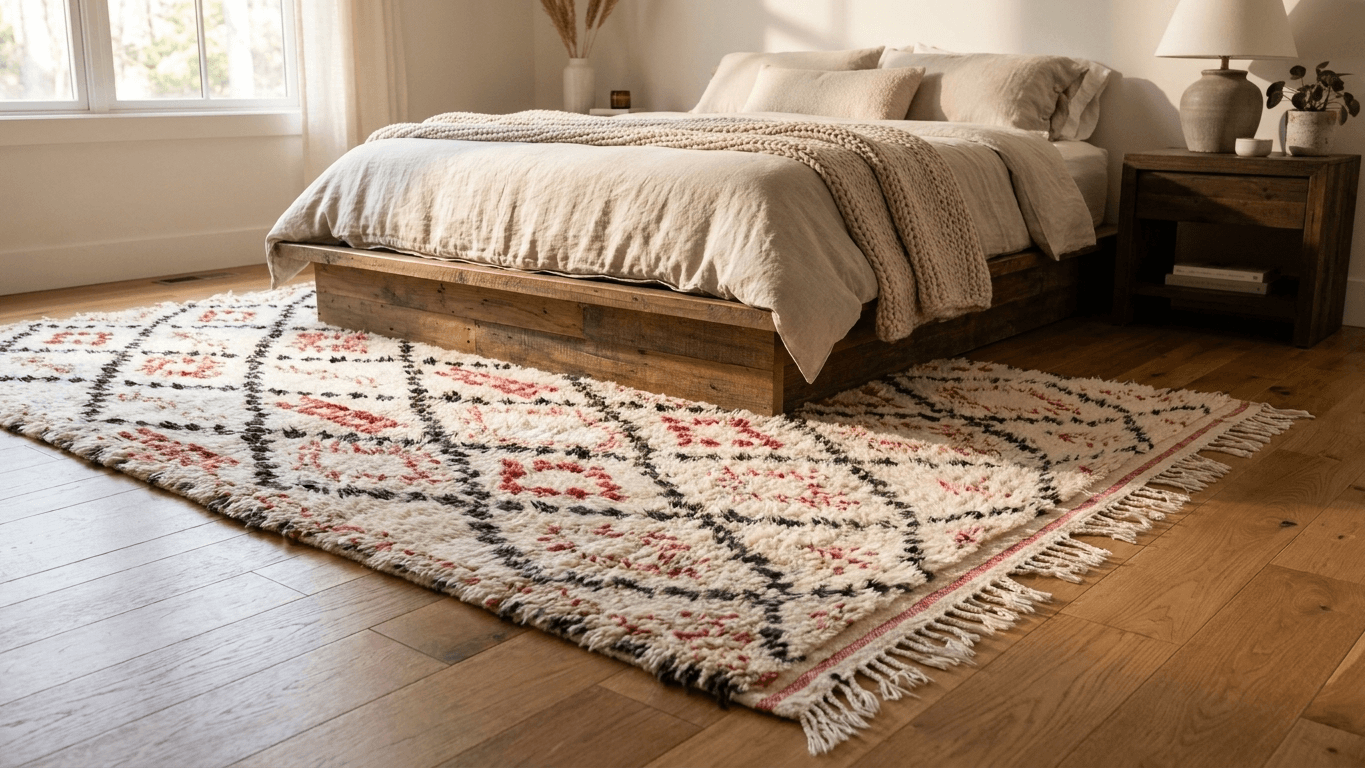 Ivory Red Geometric Beni Ourain Rug