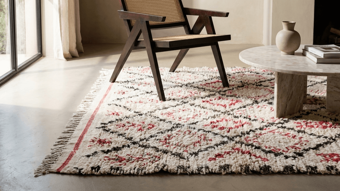 Ivory Red Geometric Beni Ourain Rug