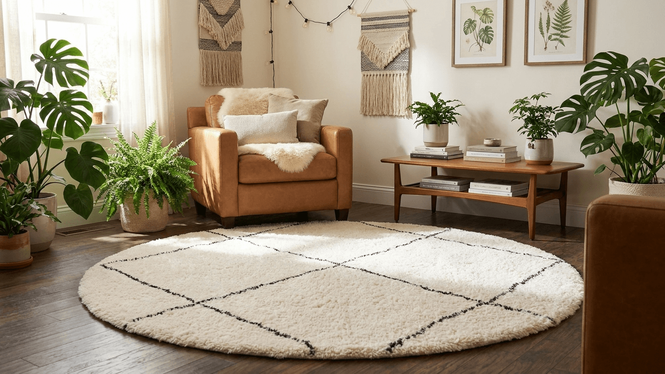Ivory Crosshatch Round Beni Ourain Rug