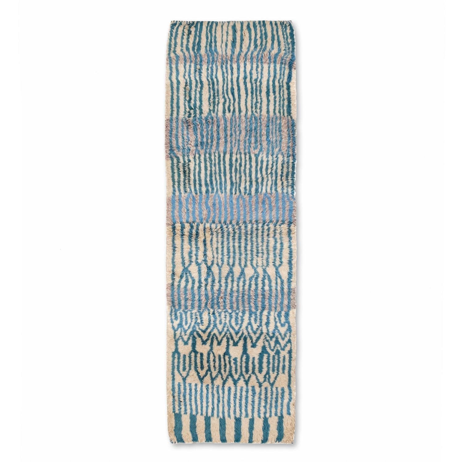 Moroccan Rug Handmade Wool  - Blue Ivory Neutral Runner Area Rug for Hallway Entry Living Room - Beni Mrirt
