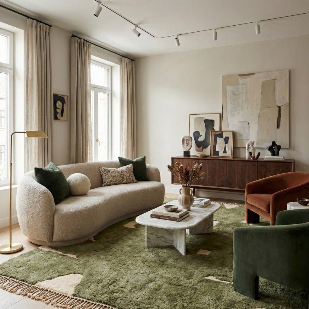 Moroccan Rug Handmade Wool - Olive Green Neutral Modern Boho Area Rug for Living Room Bedroom - Beni Mrirt