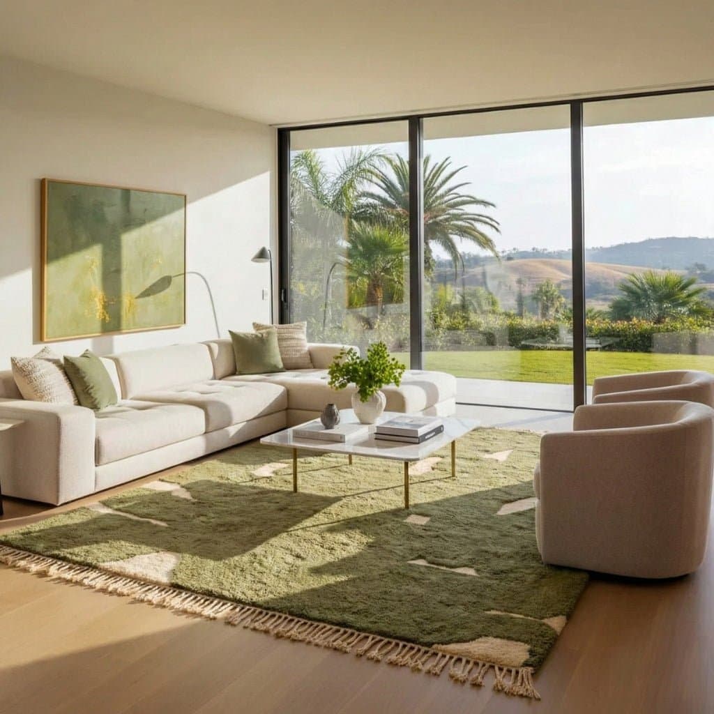 Moroccan Rug Handmade Wool - Olive Green Neutral Modern Boho Area Rug for Living Room Bedroom - Beni Mrirt