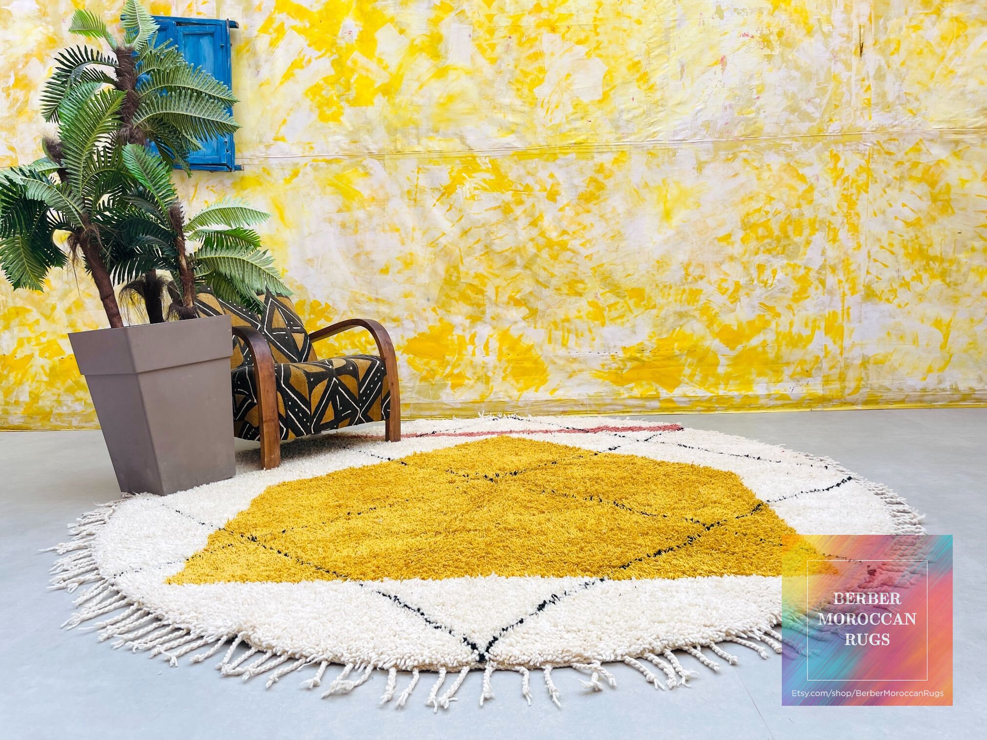 Yellow Diamond Round Beni Ourain Rug
