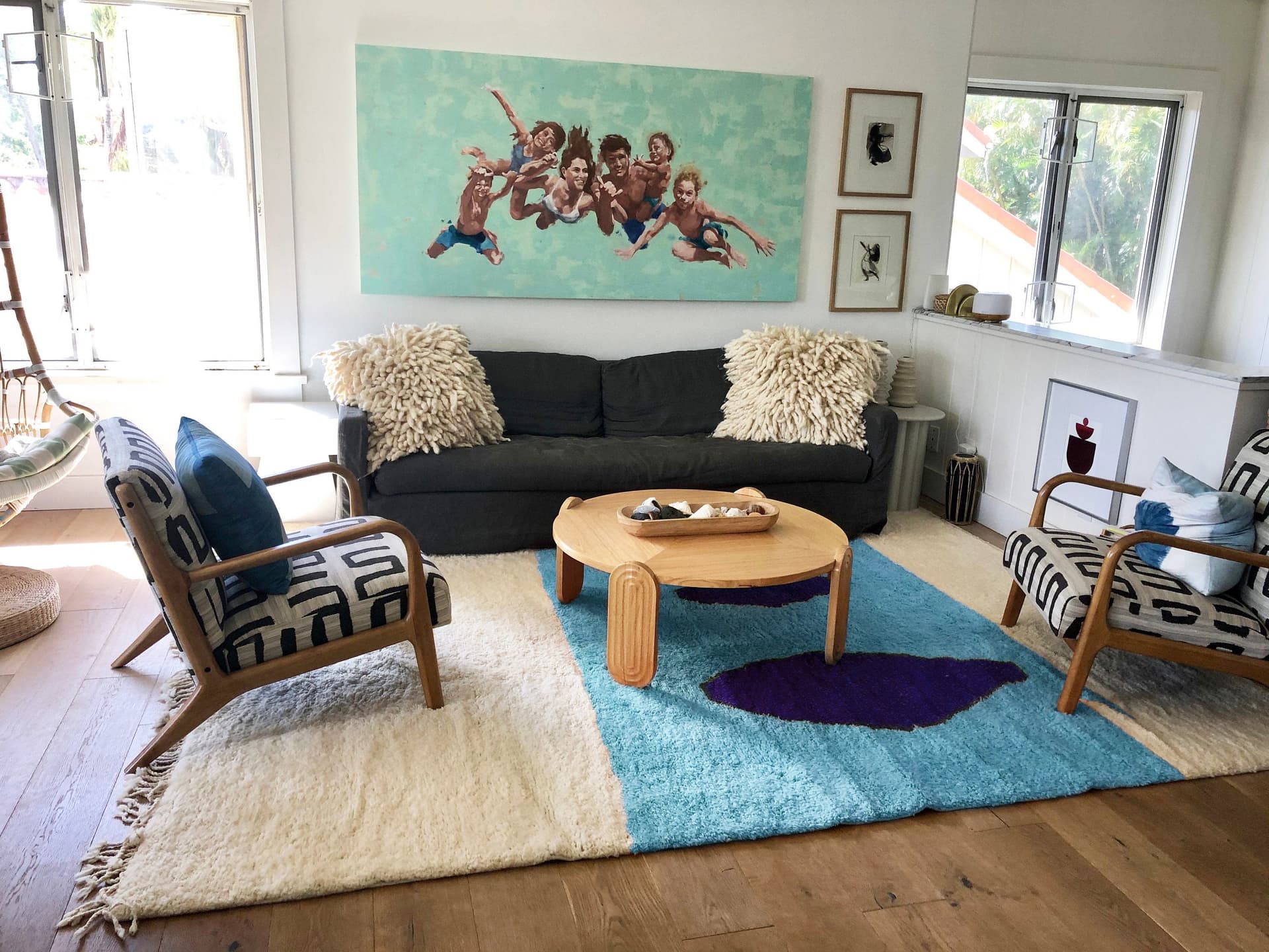 Ivory Blue Abstract Beni Mrirt Rug