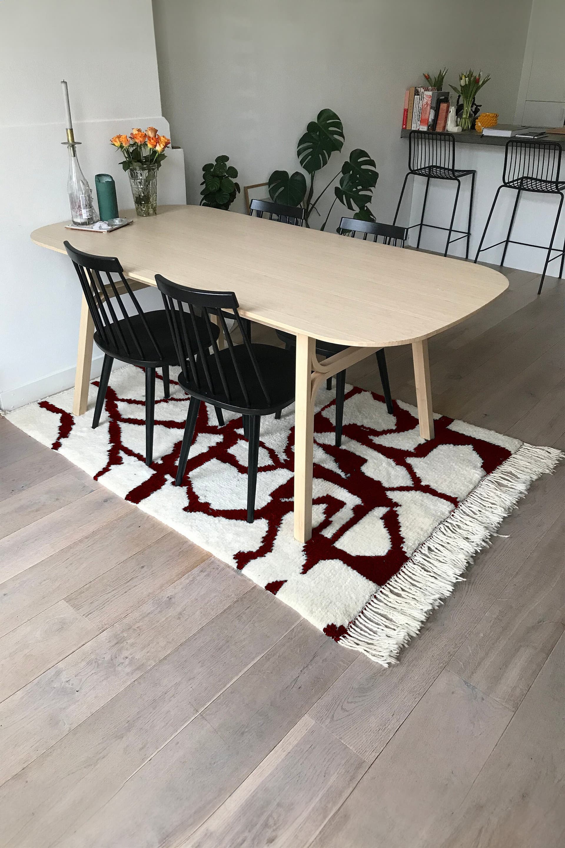 Moroccan Rug Handmade Wool 8x10 - Ivory Burgundy Modern Boho Area Rug for Living Room Bedroom Beni Ourain