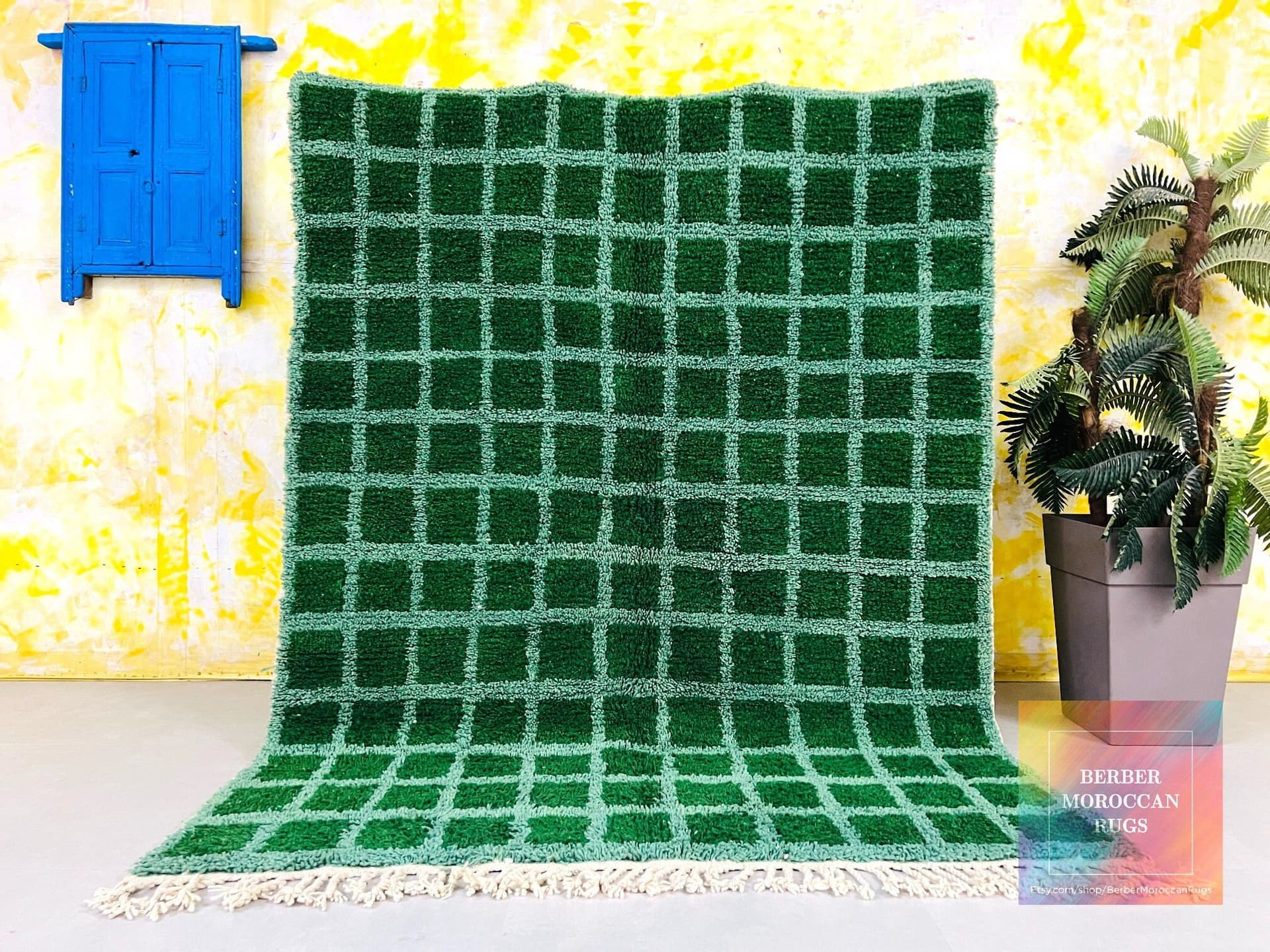Green Fringed Grid Beni Ourain Rug