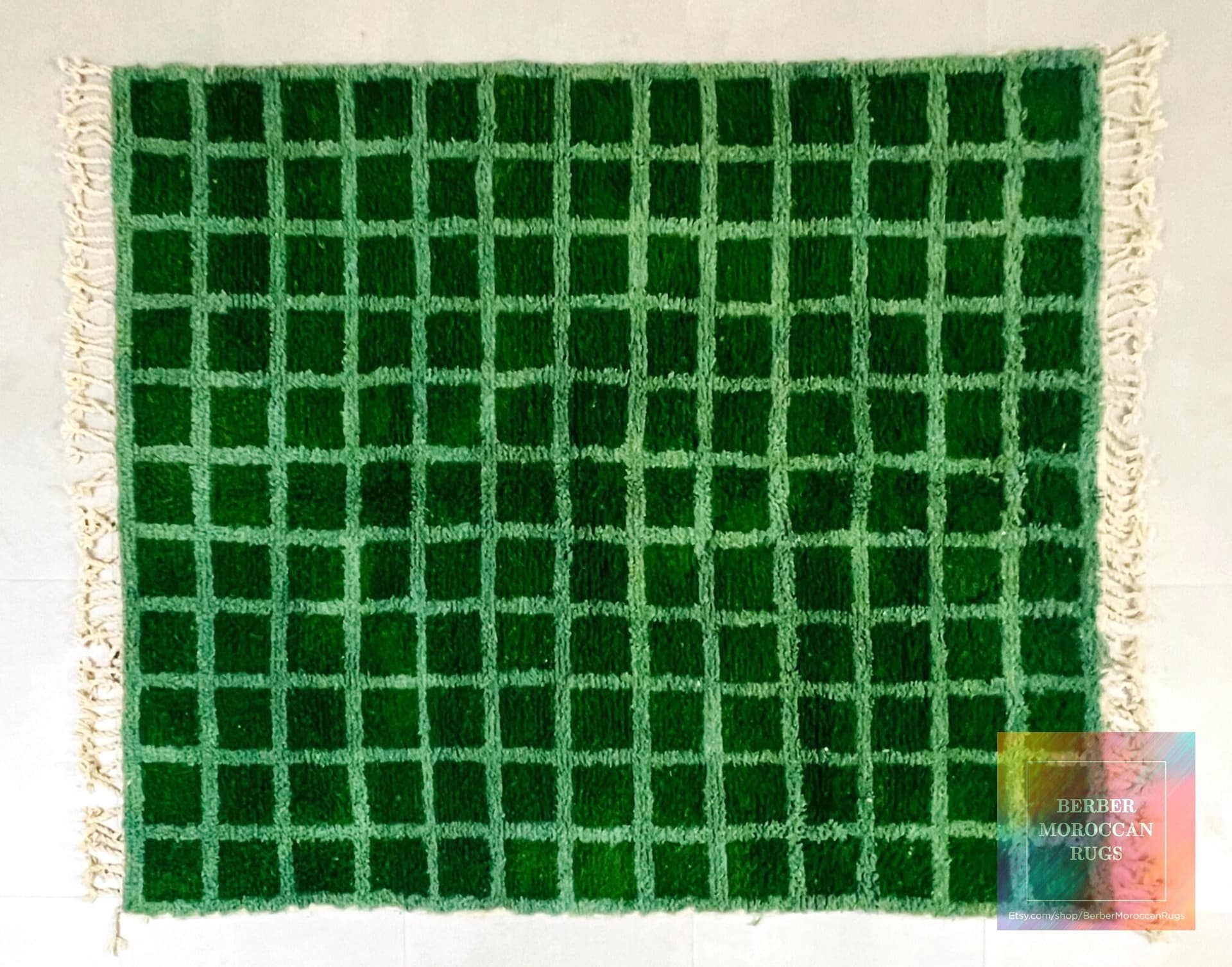 Green Fringed Grid Beni Ourain Rug